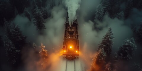 Naklejka premium Top down view of steam train going throw winter snowy forest at night. Long side hazy panoramic image with railroad, front part of train, smoke and steam clouds and a lot of pines covered with snow.