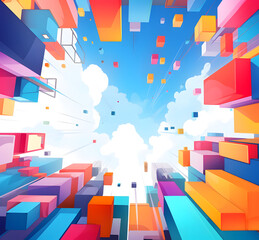 A colorful cityscape with many different colored blocks. The sky is blue and there are many clouds. The blocks are arranged in a way that creates a sense of depth and movement