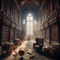 Abandoned Library Interior - obrazy, fototapety, plakaty