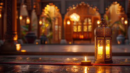 Obraz premium Golden lantern with candle, lamp with arabic decoration, arabesque design. Beautiful muslim invitation with ramadan. Eid mubarak. Religion background
