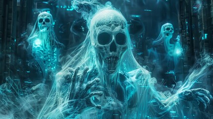 Ghosts or Spirits  The souls of the dead, lingering in the mortal world, Fantasy creature, futuristic background - obrazy, fototapety, plakaty
