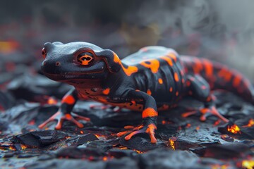 Salamanders Firedwelling creatures, often depicted as lizards, Fantasy creature, futuristic background - obrazy, fototapety, plakaty