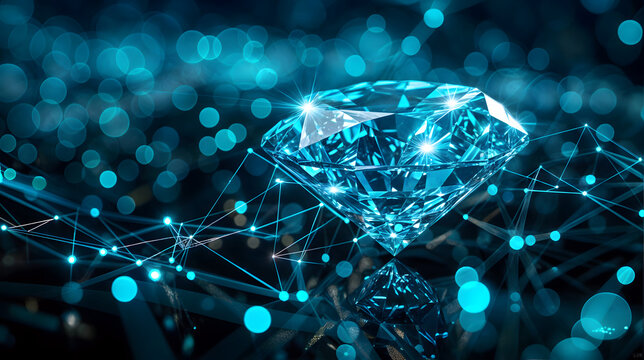 A diamond is on a blue surface with a lot of dots. The diamond is surrounded by a network of dots, which gives the impression of a digital image