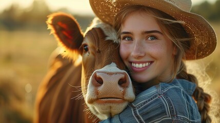 Farmer Happy young woman hugging cow with sun light, concept veterinary health care - obrazy, fototapety, plakaty