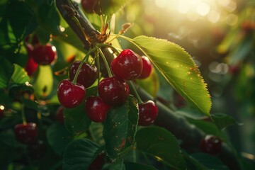 A cluster of ripe red cherries hang from the branches of a tree.