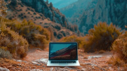 Laptop computer on rock mountain sunset background.