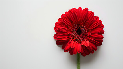A red gerbera daisy flower with a green stem. The flower is the main focus of the image. The flower is placed on a white background