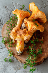 chanterelle mushrooms and thyme on a wooden board - obrazy, fototapety, plakaty