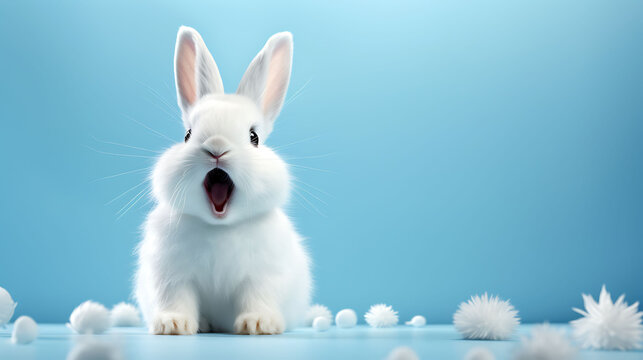 cute animal pet rabbit or bunny white color smiling and laughing isolated with copy space for easter background