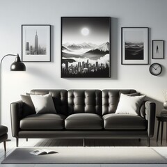 modern living room with black sofa and indoor plants and white wall