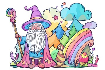 Cartoon cute doodles of a candy kingdom ruled by a wise old wizard made of cotton candy, with a staff of rainbow licorice, Generative AI