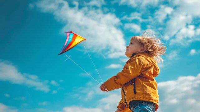 Children's joy against the sky: Little adventurer with a rainbow kite on a sunny day