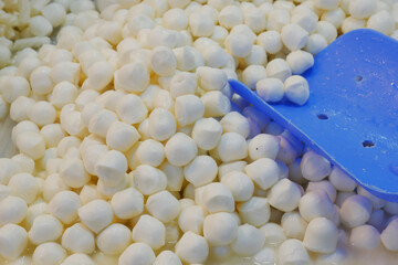 Many fresh white mozzarella cheese balls 