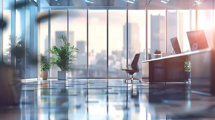 A large open office space with a lot of natural light and a potted plant in the corner