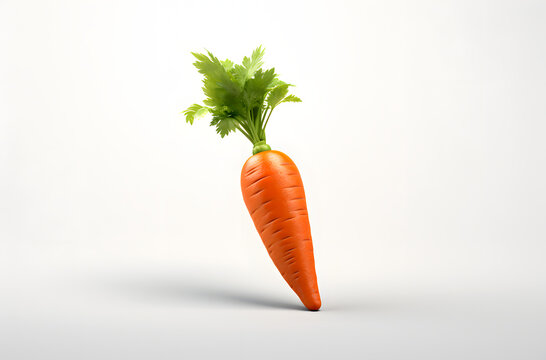 A vibrant orange carrot with a fresh green top is centered against a clean white background, highlighting its freshness and natural appeal