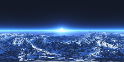 HDRI, Round panorama, spherical panorama, sunrise over the planet, sunrise over the icy moon,
3D rendering - 772739541