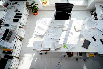 View from above, an office room filled with white papers on the desks