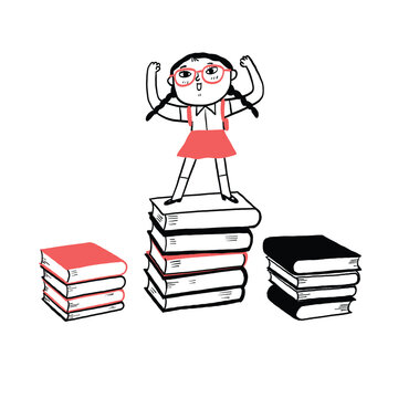 Happy cute child  standing on the tower of books on white background.