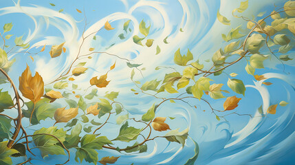 Fototapeta na wymiar A dynamic scene of leaves swirling in the wind, set against a backdrop of a clear blue sky, evoking a sense of movement and freedom Ai Generative
