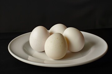 Fresh chicken eggs on ceramic white plate, isolated on black background