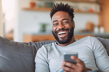 African man playing with smartphone while laughing