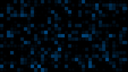 Abstract digital background with blue pixels on a black matrix.