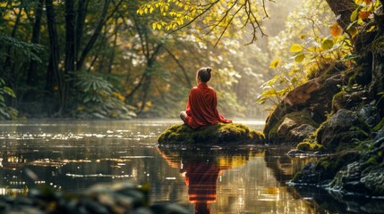 Woman meditating on a rock in a lake in the forest. - obrazy, fototapety, plakaty