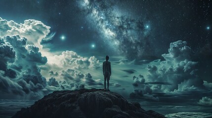 Man standing on top of a rock and looking at the night sky - Powered by Adobe