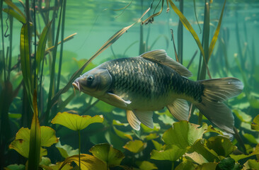 A large carp is swimming in the water, surrounded by green plants and lotus leaves.