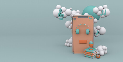 smartphone with audio headphones next to a stack of books on them there is a microphone and a coffee cup with a saucer around a cloud on a green background 3 d render cartoon, audiobook concept