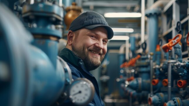 A smiling worker in an industrial valve factory, exuding safety and control. Factory mechanisms, precision tools, pipes and levers on the background.