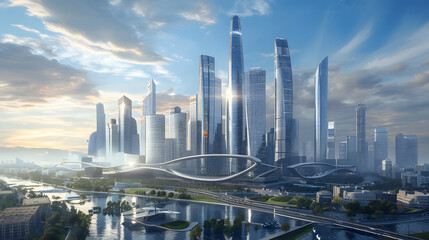 Modern skyscrapers of a smart city, futuristic financial district. generative ai.
