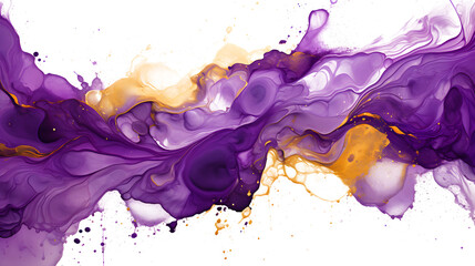 Purple and Gold Paint Splash and Texture on white and transparent background. Paint Stain