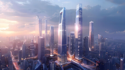 Fototapeta na wymiar Modern skyscrapers of a smart city, futuristic financial district. generative ai.