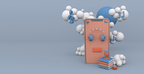smartphone with audio headphones next to a stack of books on them there is a microphone and a coffee cup and saucer around a cloud on a blue background 3 d render cartoon, audiobook concept
