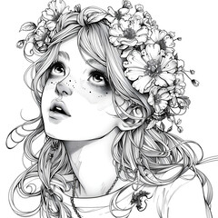 portrait of a girl with flowers, hand drawn