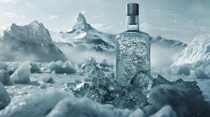 Elegant Perfume Bottle Amidst Ice and Snow, Captures the Essence of Winter. Ideal for Luxury Branding and Frosty Themes. AI - obrazy, fototapety, plakaty