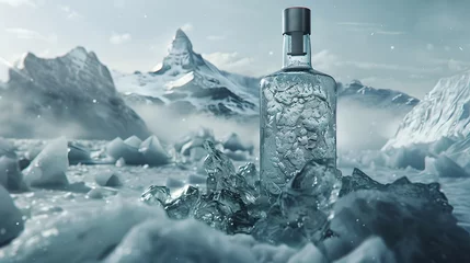 Ingelijste posters Elegant Perfume Bottle Amidst Ice and Snow, Captures the Essence of Winter. Ideal for Luxury Branding and Frosty Themes. AI © Irina Ukrainets