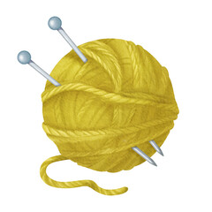 An isolated watercolor illustration featuring a green yarn spool. Embedded in the spool are steel knitting needles. wool and cotton. for crafting enthusiasts, knitting tutorials, DIY-themed designs