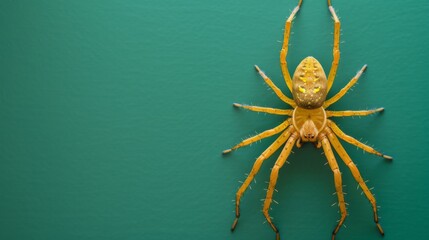 Yellow sac spider on a green background. Dangerous insect.