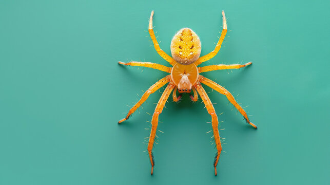 Yellow sac spider on a green background. Dangerous insect.