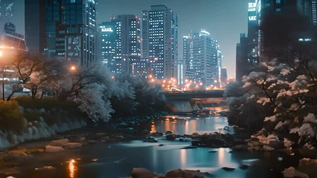 Night view of spring landscape. 4k video animation
