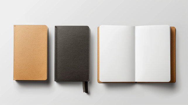 Two blank label notebooks with one closed and the other open showcasing blank pages, ideal for custom design representation