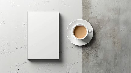 A clean, minimal setup featuring a blank label notebook beside a warm coffee cup, invoking a sense of calm and productivity