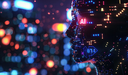 A digital artwork of an AI head, composed entirely from glowing data streams and circuit patterns, set against the backdrop of abstract technology elements