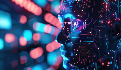 A digital artwork of an AI head, composed entirely from glowing data streams and circuit patterns, set against the backdrop of abstract technology elements