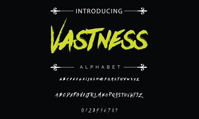 Lettering font isolated on black background. Texture alphabet in street art and graffiti style. Grunge and dirty effect.  Vector brush letters.