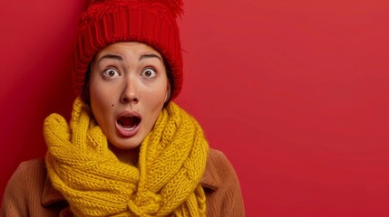 A woman wearing a yellow scarf and a red hat looks surprised and curious