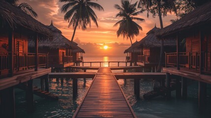 A wooden pier extends towards the setting sun over a tranquil body of water