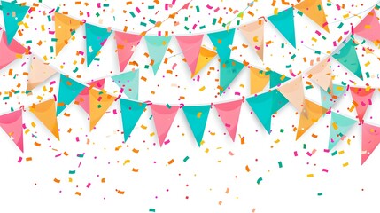Festive Party Banners and Confetti on a White Background. Colorful Celebration Decor for Events. Vibrant Decoration for Birthday Parties and Festivities. AI
